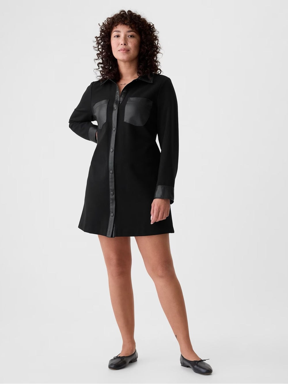 GAP Black Vegan Leather Detail Mini Long Sleeve Button Down Shirt Dress NWT XXL